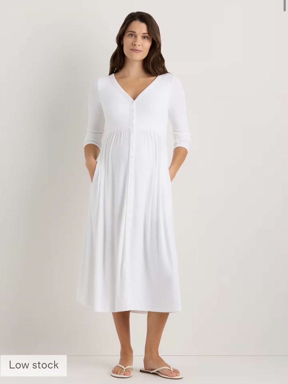Quince Maternity Nursing friendly White V-Neck Button-Front Midi Dress